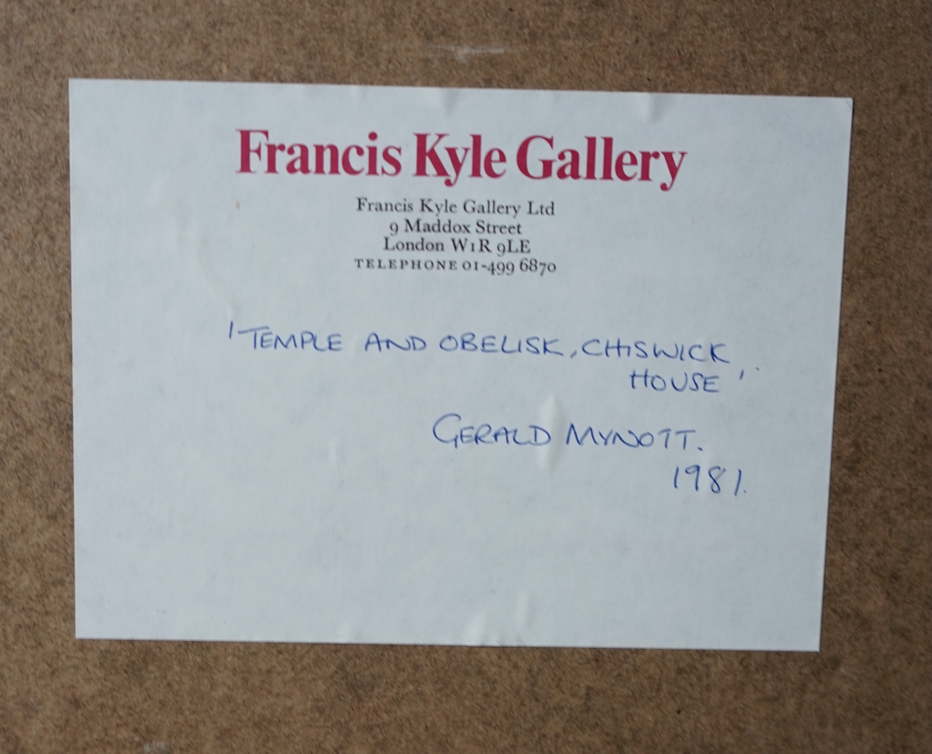 Gerald Mynott (English, b.1957), watercolour, 'Temple and Obelisk, Chiswick House', signed and dated 1981, Francis Kyle Gallery label verso 42 x 33.5cm. Condition - good